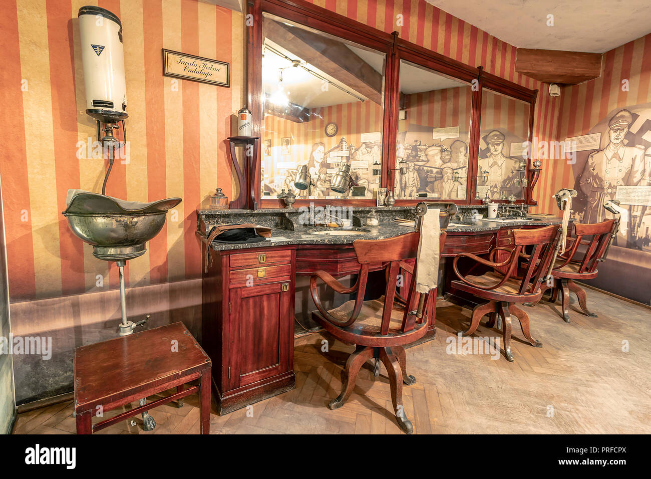 Krakow Poland June 3 2018 Vintage Barber Shop Furniture Used In German Occupied Poland Inside Oskar Schindler S Enamel Factory Museum Stock Photo Alamy