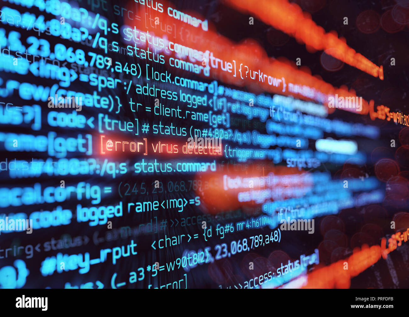 Computer programming code detecting a computer virus. Online safety, hacking and digital firewall background 3D illustration Stock Photo