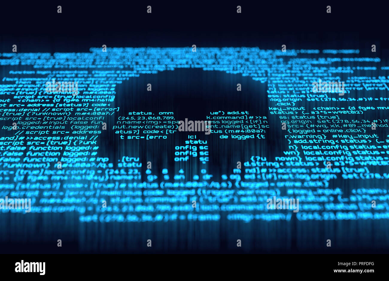 Malicious computer programming code in the shape of a skull. Online scam, hacking and digital crime background 3D illustration Stock Photo