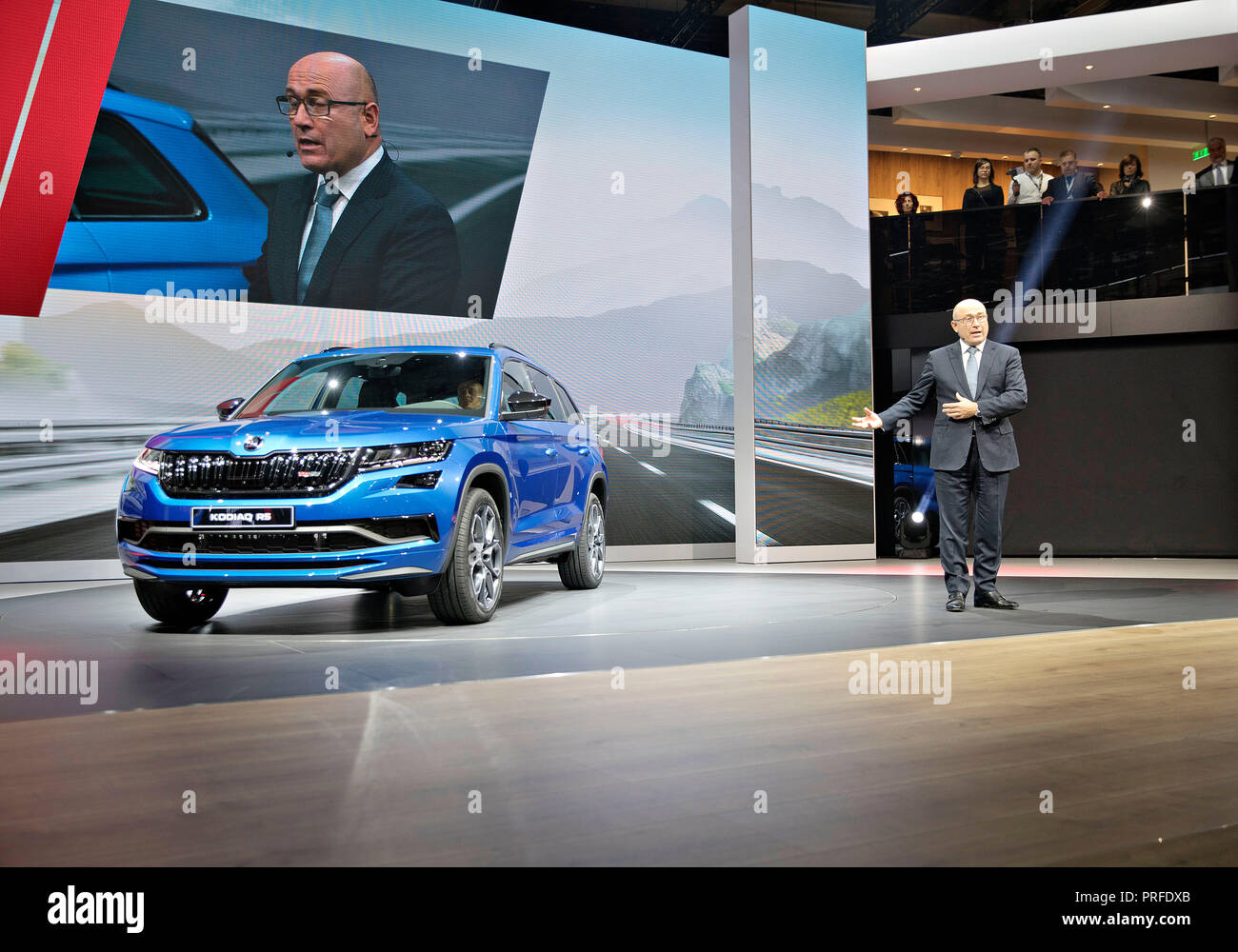 Skoda Auto CEO Bernhard Maier presented in World Premiere new version of SUV Skoda Kodiaq RS  during the first press day of the International Motor Sh Stock Photo
