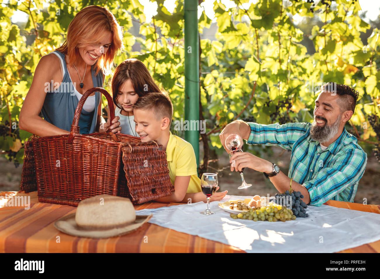 Beautiful young smiling family of four having picnic at a vineyard. Stock Photo