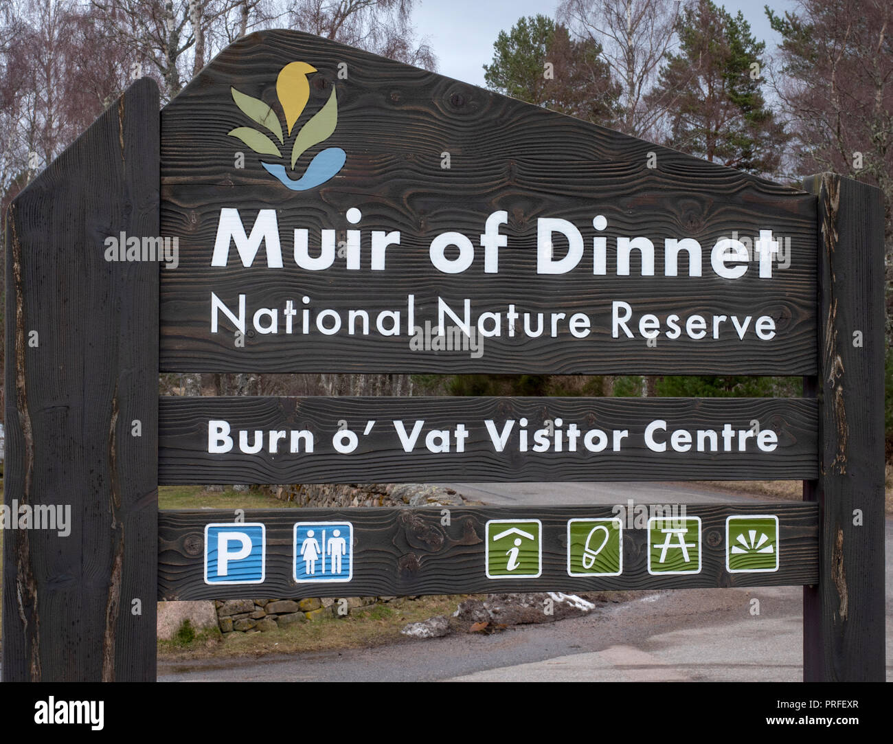 Signs at the Muir Of Dinnet National Nature Reserve Dinnet, By Ballater, Aberdeenshire, Scotland, UK Stock Photo