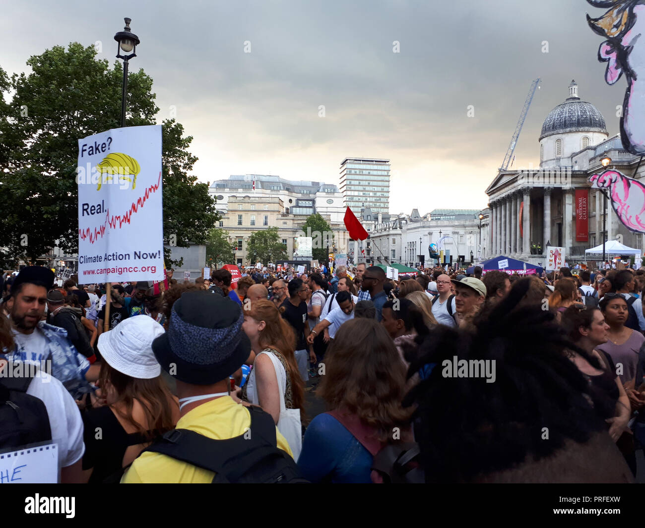 London UK, 13th July 2018. 100,000 people protest against the visit of the US President Donald Trump. The protesters gather in Trafalgar Square. Stock Photo