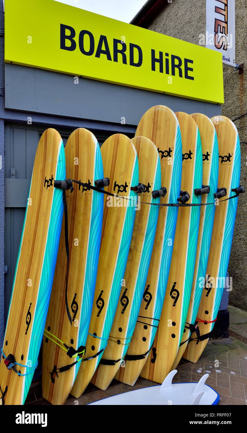 Surf Boards ,outside a hire shop,Perranporth,Cornwall,England,UK Stock