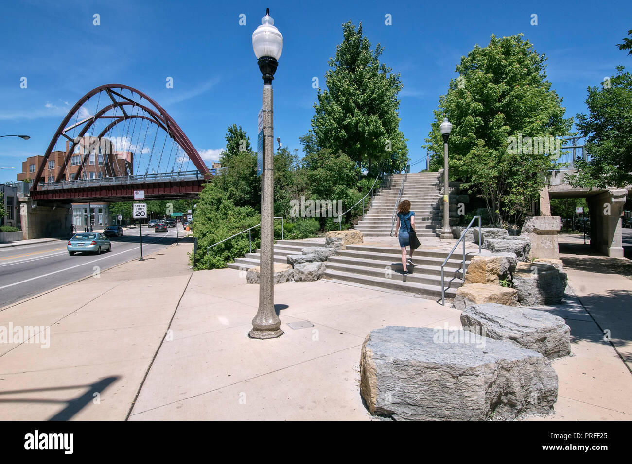 Stairs to the 606, former elevated train line, greenway for pedestrians