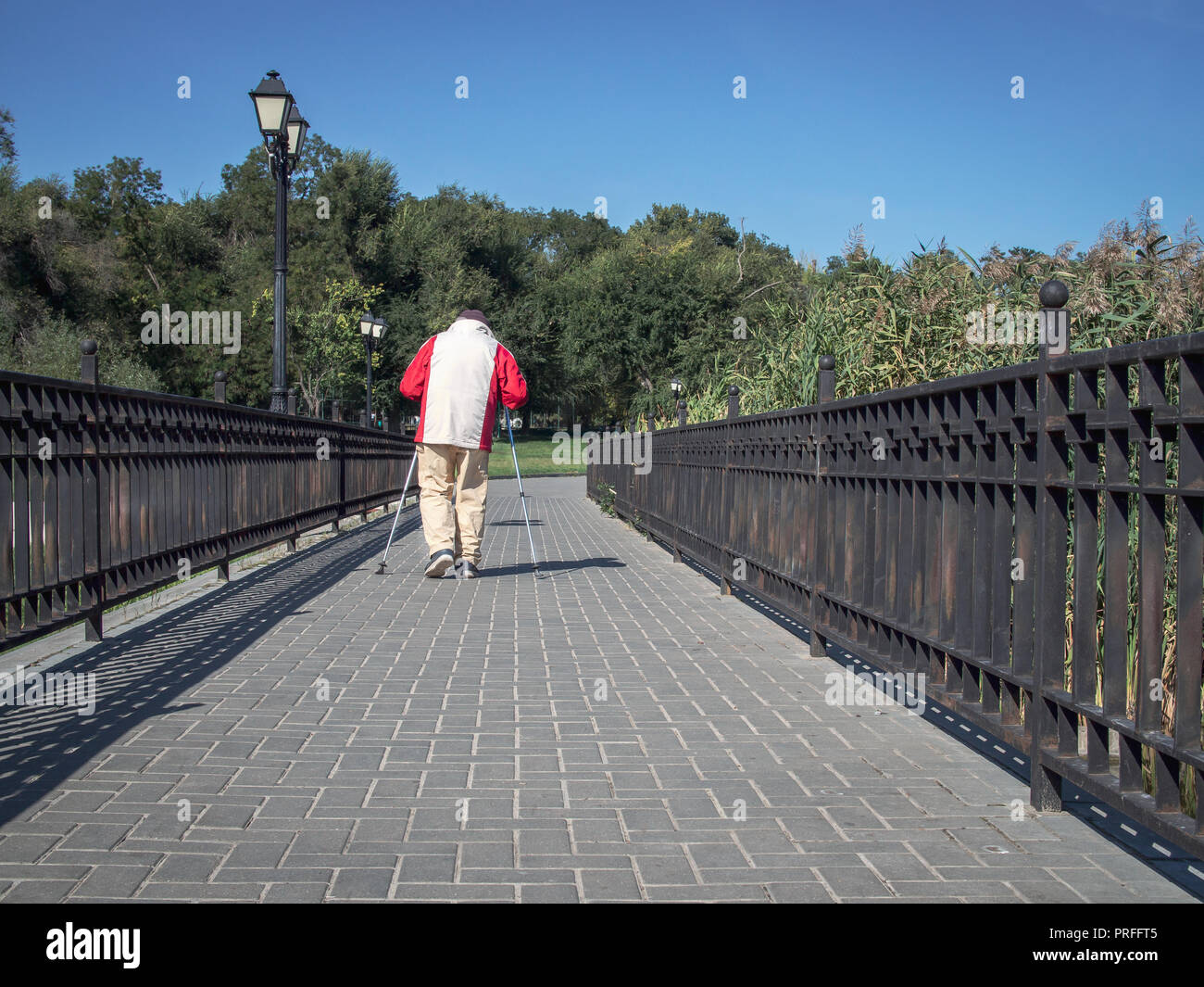 Very old man Nordic Walking activity Stock Photo
