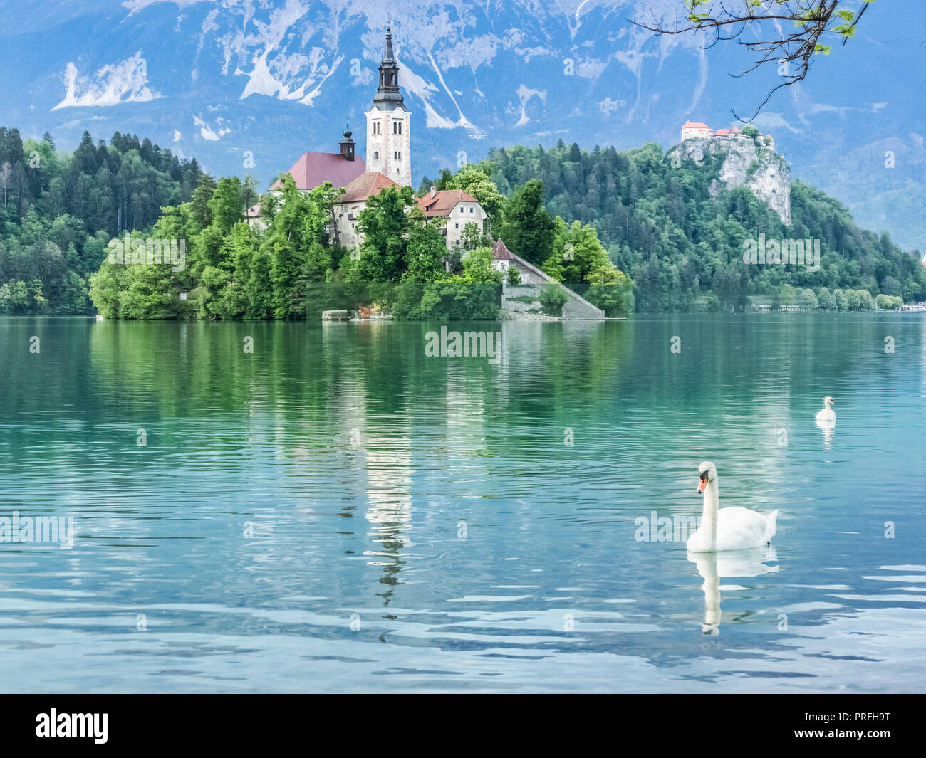 Lake Bled and Our lady of the lake church in Slovenia Stock Photo