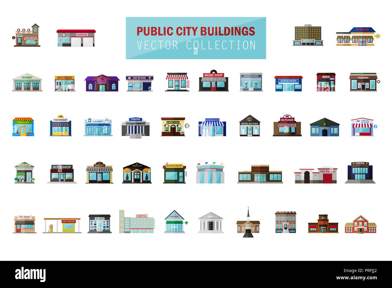 Vector flat cartoon style modern city building, market, fast food cafe, restaurant, shop, store facade, boutique with showcase icon set isolated on white background. Exterior facade buildings bundle. Storefront in city collection. Front view Stock Vector