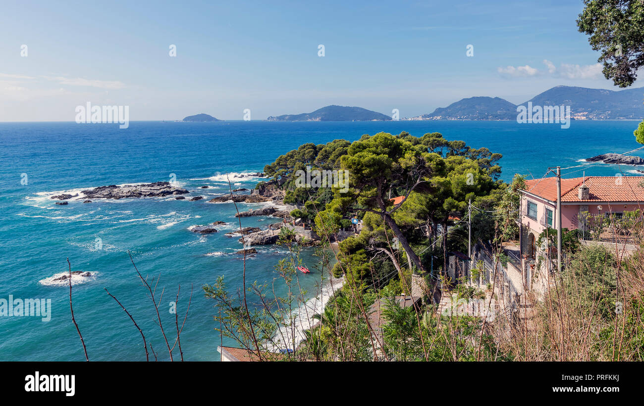 The beautiful Fiascherino beach overlooking the Gulf of La Spezia, Liguria, Italy Stock Photo