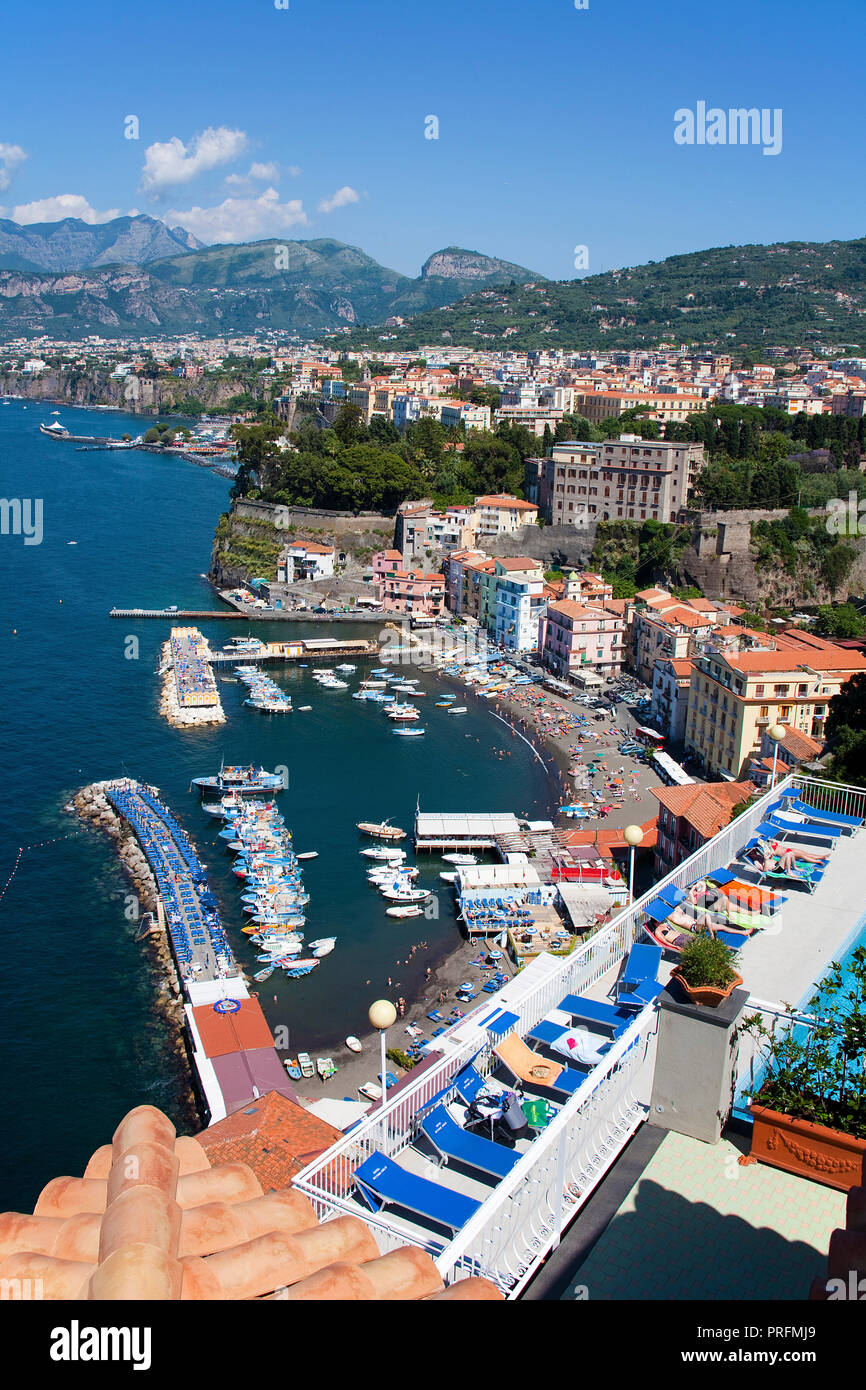 View from a hotel with roof pool on fishing harbour Marina Piccola, Sorrento, Peninsula of Sorrento, Gulf of Naples, Campania, Italy Stock Photo