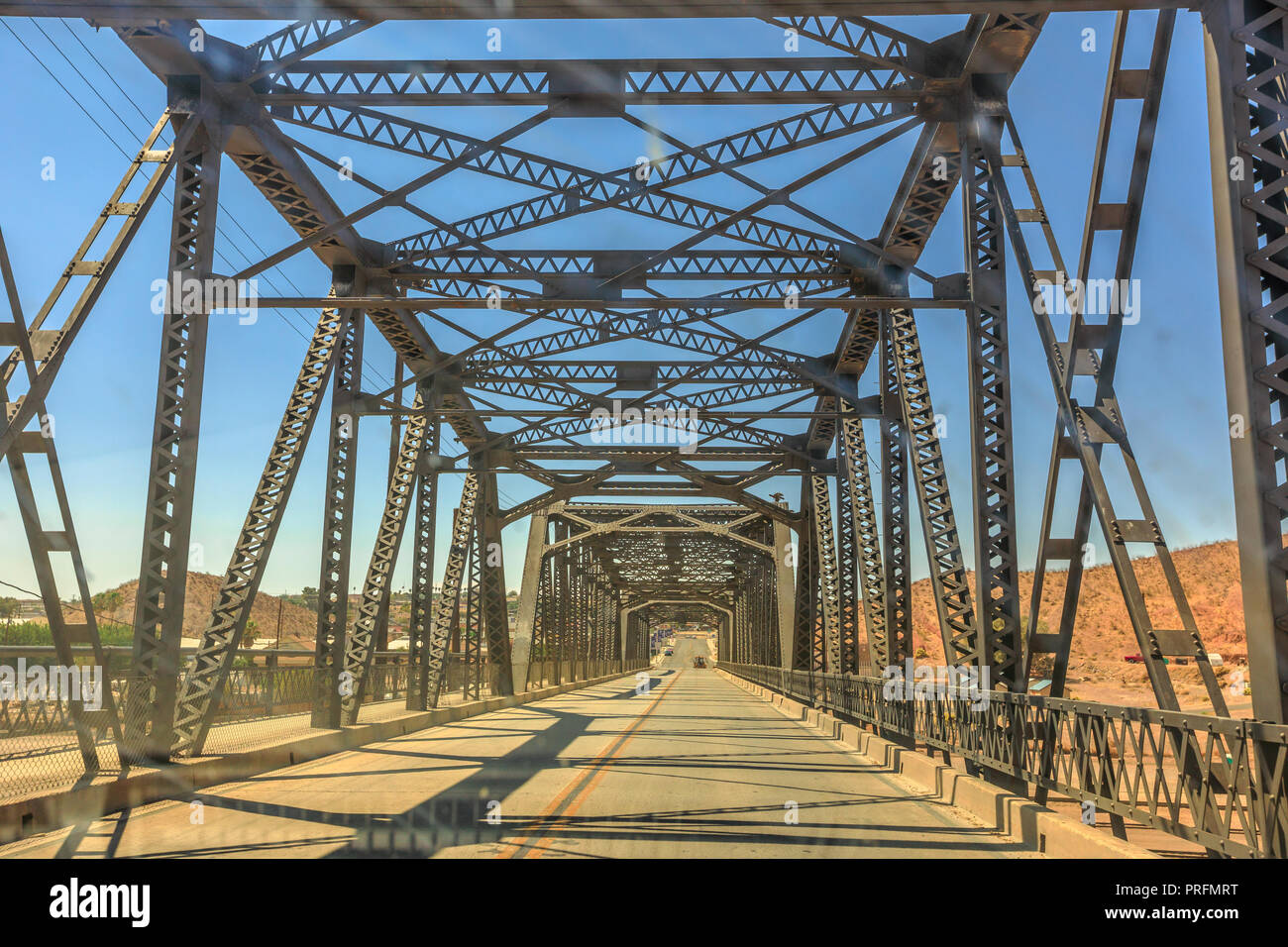 Iron bridge over the railroad in Barstow California on the historic Route 66. North 1st Street Bridge. Stock Photo