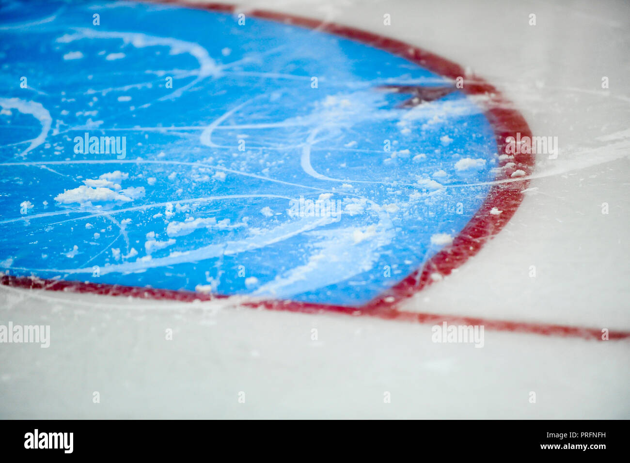 Red goal line on ice rink. Top View Stock Photo