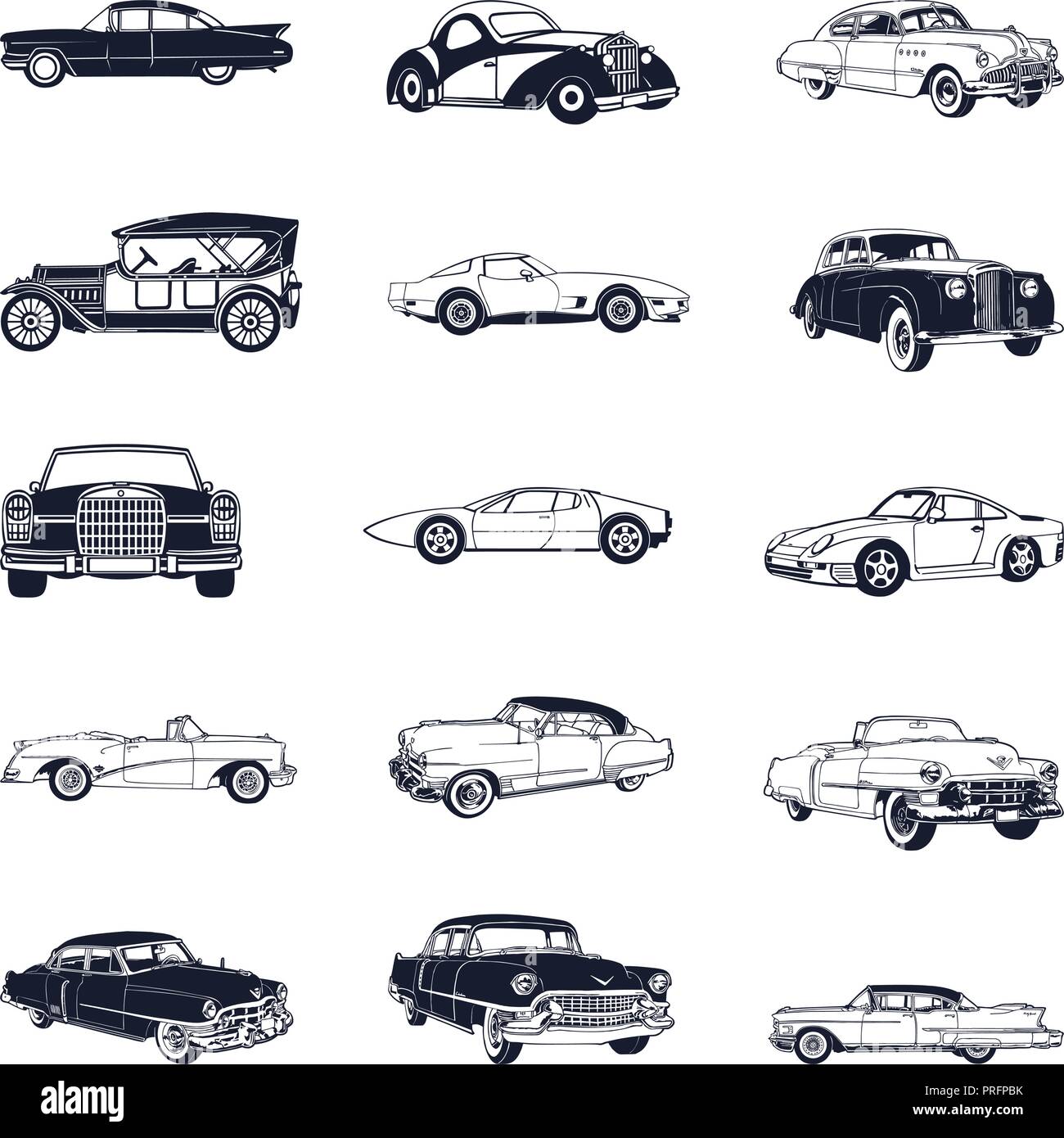 set of old vintage car isolated on white background Stock Vector