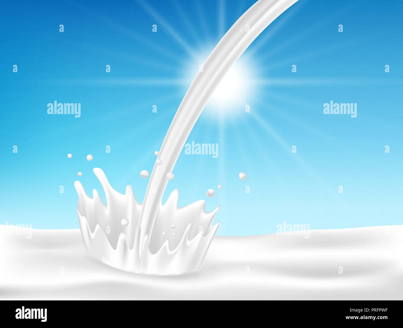 Milk or yogurt pouring down with splash and realistic milk drop isolated on blue background. vector illustration Stock Vector