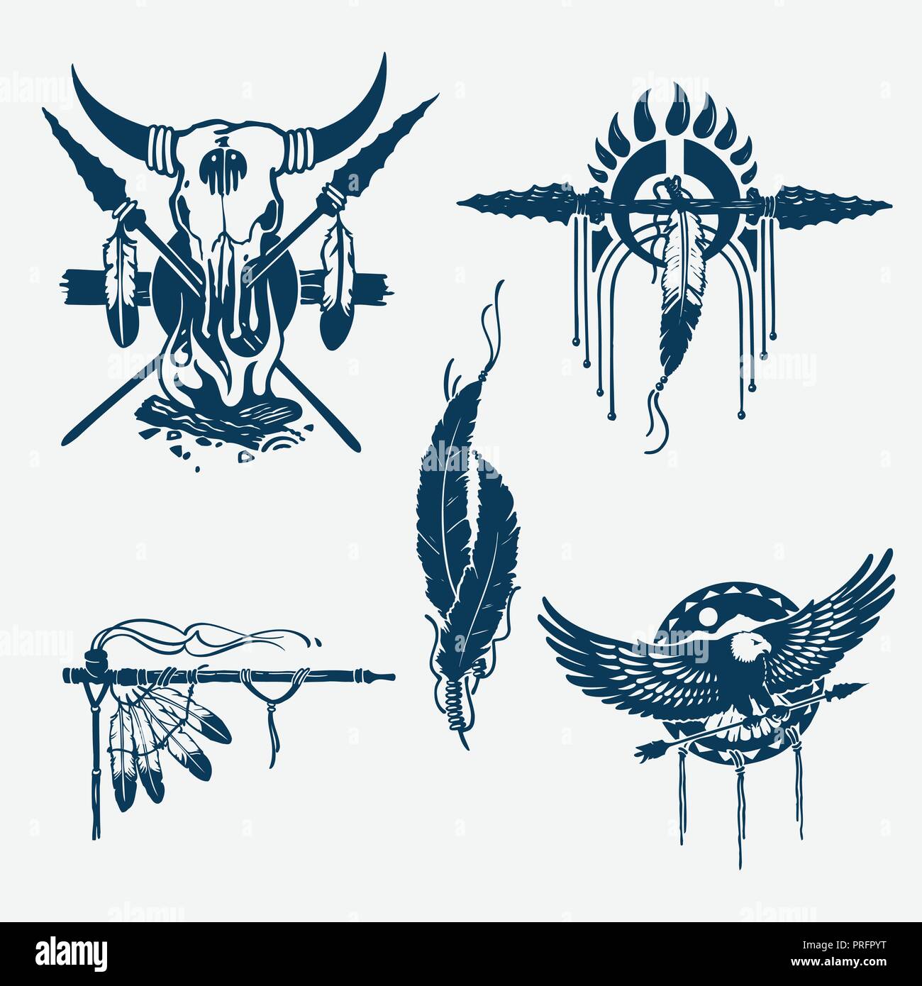 native american indians illustration set (bow and arrow, tomahawk, axe, chief headdress, peace pipe, dream catcher, skull); vector illustration Stock Vector