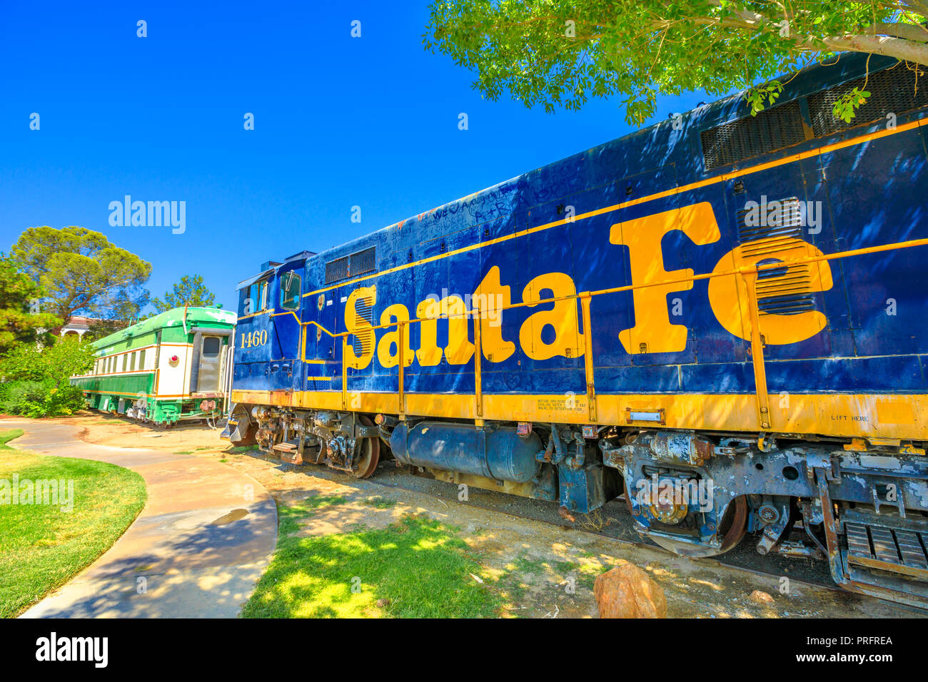 Barstow, California, USA - August 15, 2018: Santa Fe wagon at Western America Railroad Museum near Harvey House Railroad Depotis dedicated to history of railroading in Pacific Southwest. Stock Photo