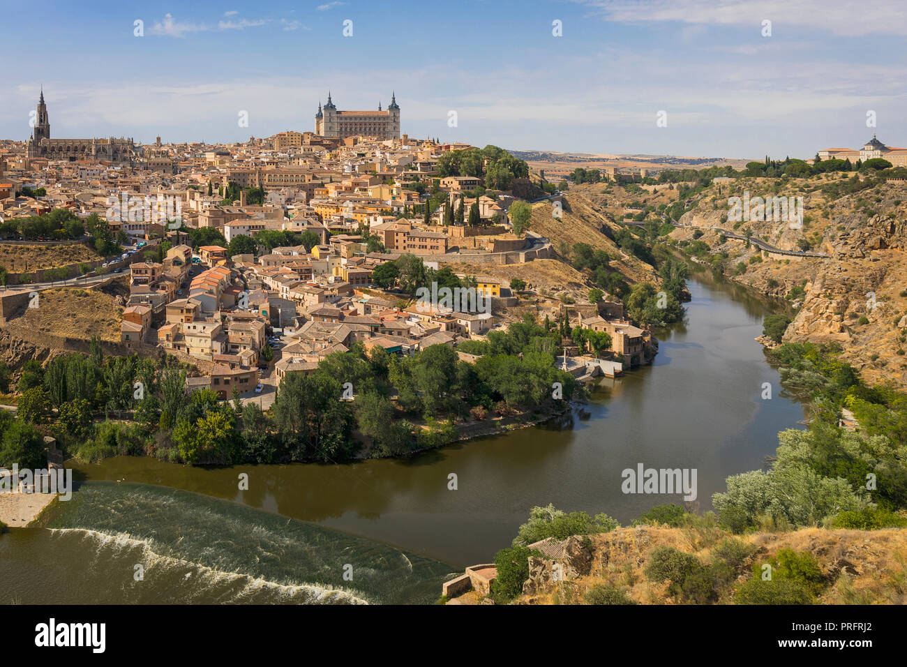 Toledo, Toledo Province, Castilla-La Mancha Spain.  Overall view of the historic centre showing the Tagus River (Rio Tajo) and the Alcazar.  The cathe Stock Photo