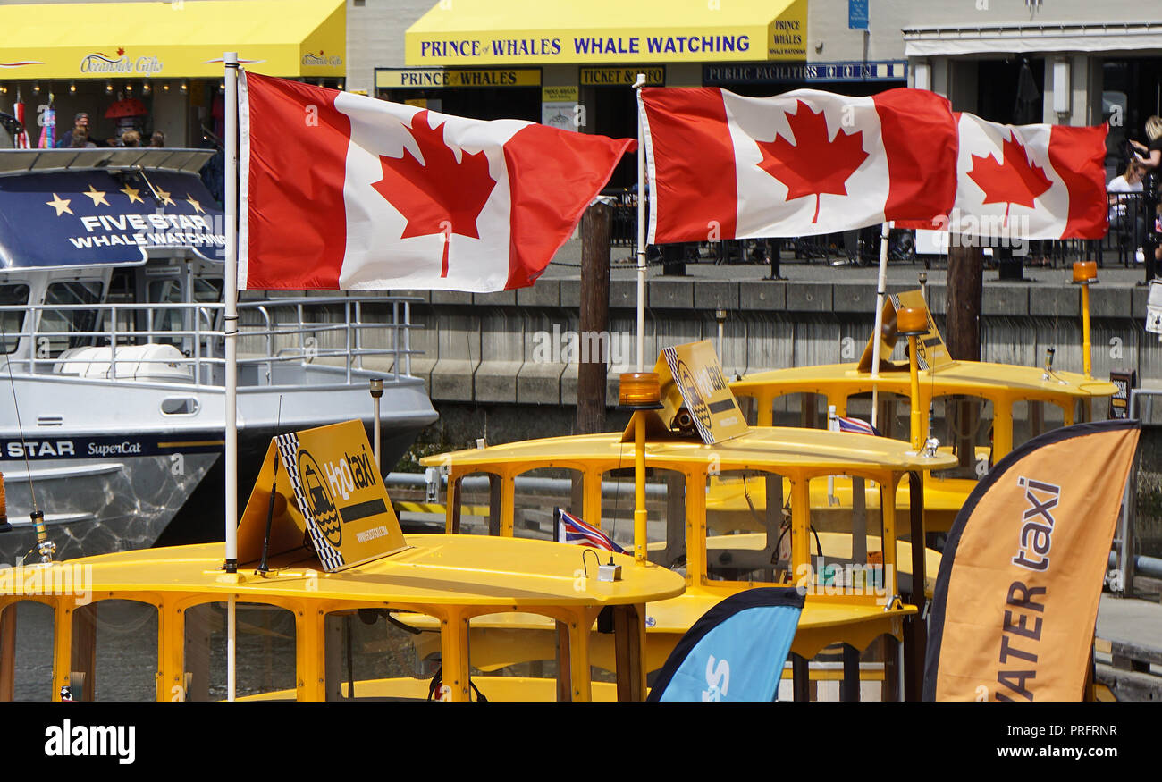 Harbour Ferries and Canadian flags, Inner Harbour, Victoria, Vancouver Island, Canada Stock Photo