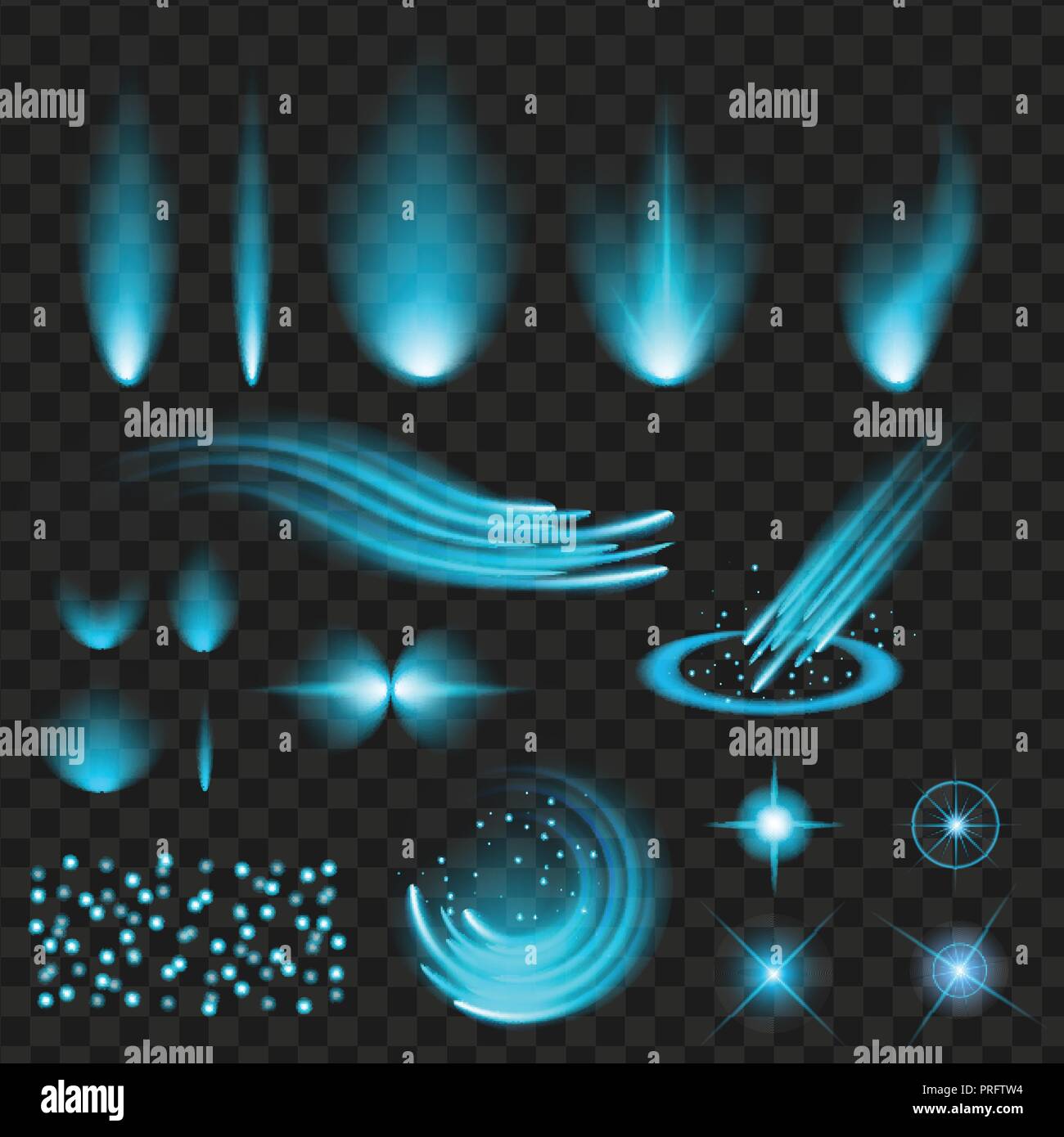 blue shine stars with glitters, sparkles icons set. Effect twinkle, glare, scintillation element sign, graphic light. Transparent design elements back Stock Vector