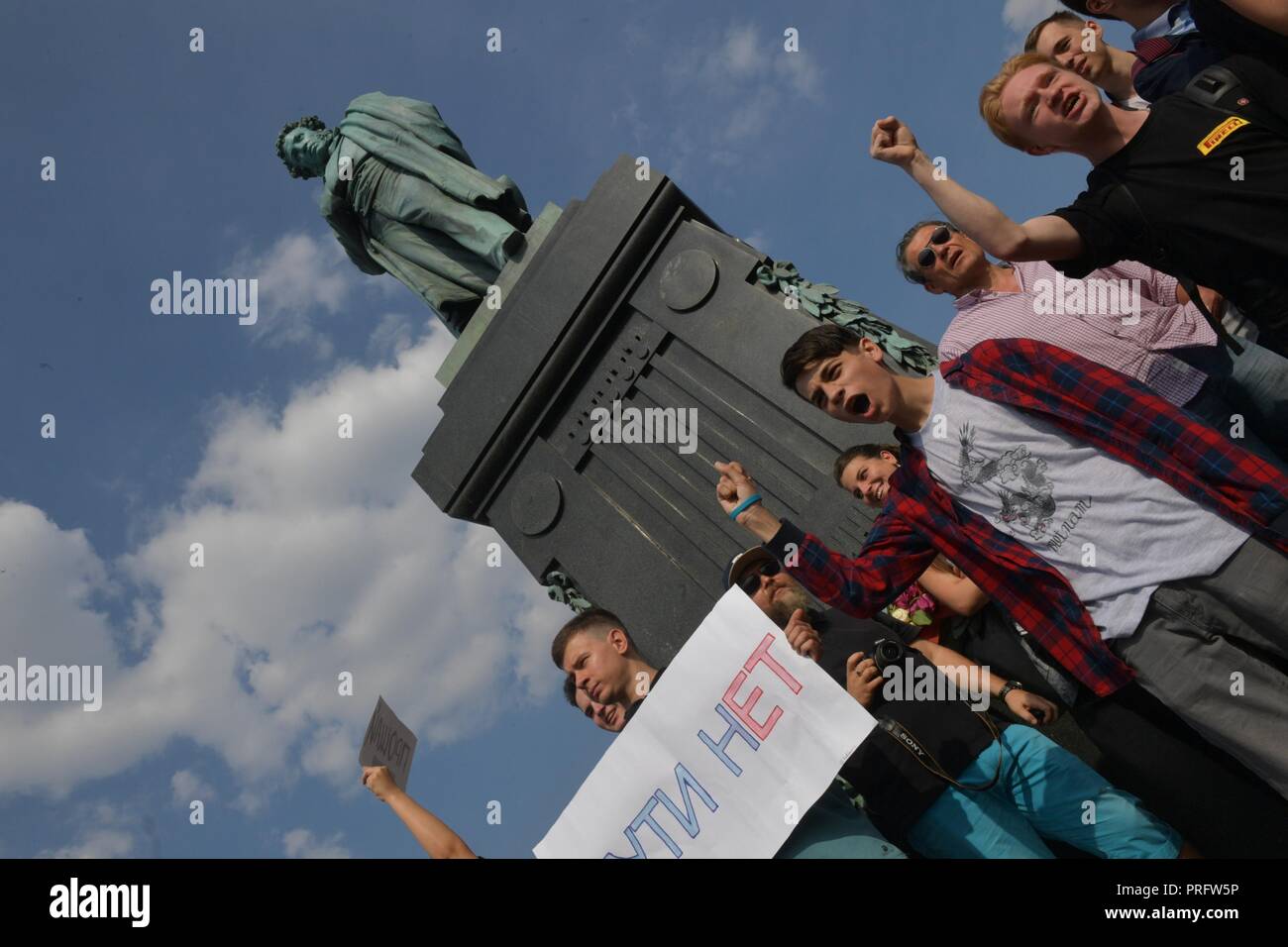 September 9, 2018. - Russia, Moscow. - Participants of an unauthorized rally against the pension reform on Pushkinskaya Square. Stock Photo