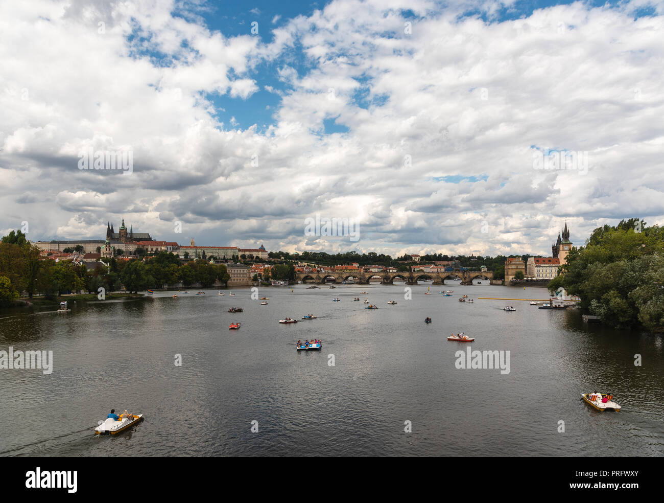 Panoramic view of Prague Castle, St. Vitus Cathedral and Charles Bridge in Prague Stock Photo