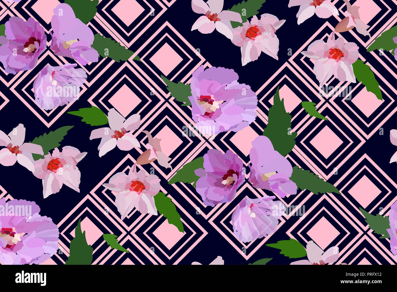 Floral seamless pattern with hibiscus flowers and leaves. Botanical ...