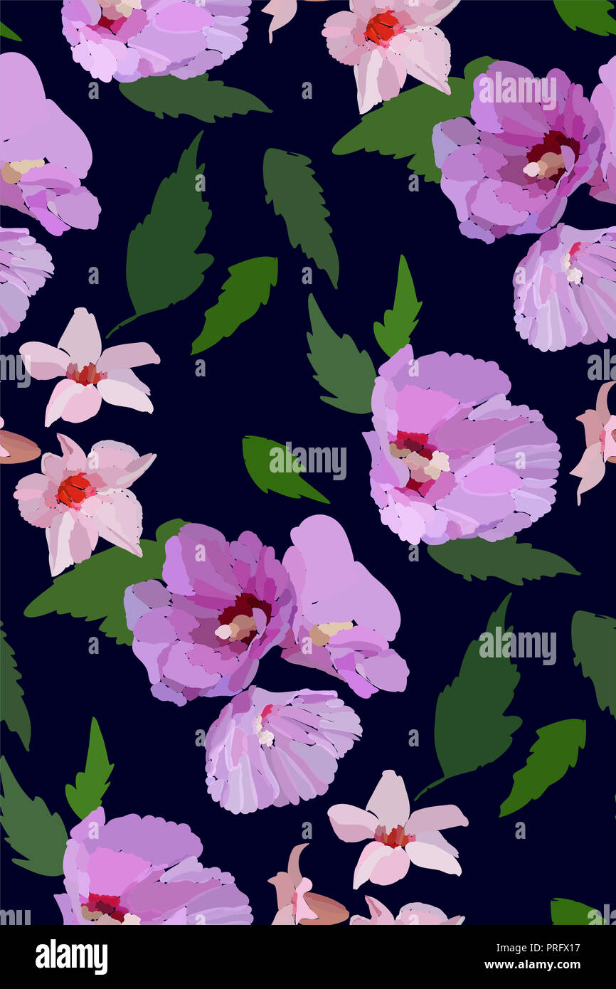 Floral seamless pattern with hibiscus flowers and leaves. Botanical ...