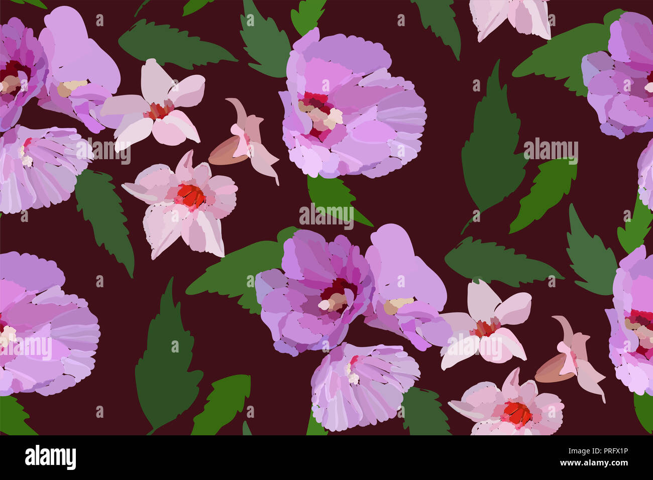 Floral seamless pattern with hibiscus flowers and leaves. Botanical ...