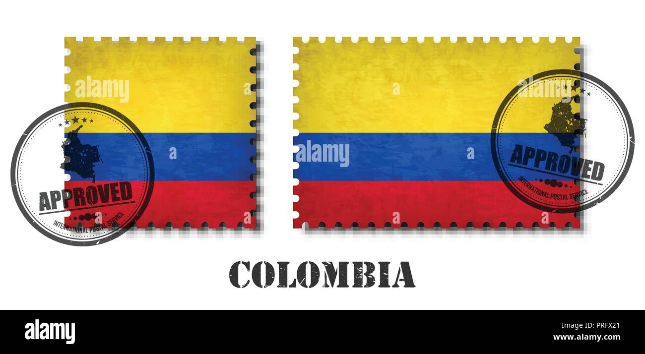 Colombia or colombian flag pattern postage stamp with grunge old scratch texture and affix a seal on isolated background . Black color country name wi Stock Vector