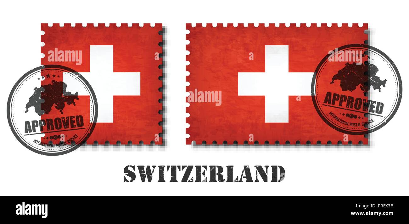 Switzerland or swiss flag pattern postage stamp with grunge old scratch texture and seal on isolated background . Black color country name with abrasi Stock Vector