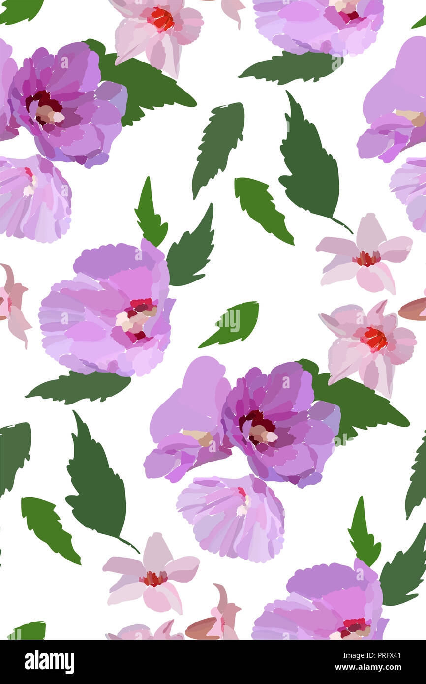 Floral seamless pattern with hibiscus flowers and leaves. Botanical ...
