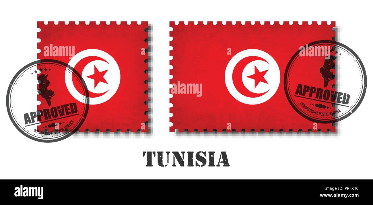 Tunisia or Tunisian flag pattern postage stamp with grunge old scratch texture and affix a seal on isolated background . Black color country name with Stock Vector