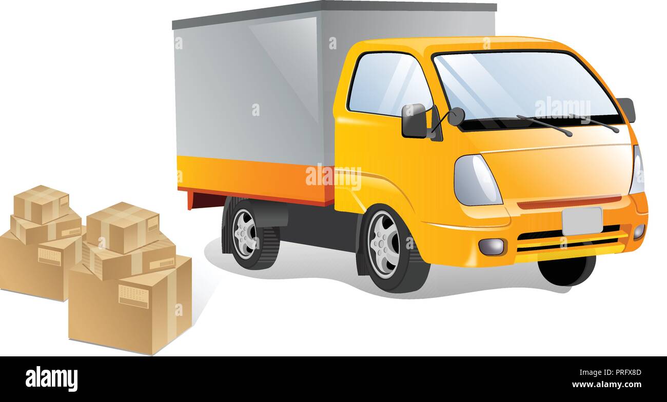 Red delivery van with shadow and cardboard boxes with fragile signs. Product goods shipping transport. Fast service truck Stock Vector