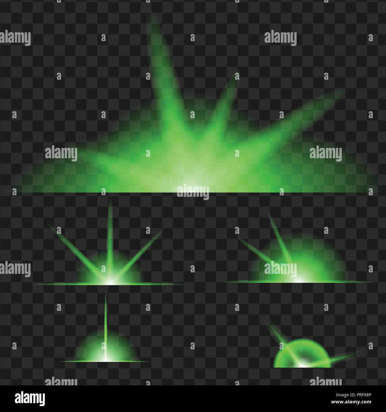 Set of green glowing light effect. Isolated on black transparent background. Vector illustration Stock Vector