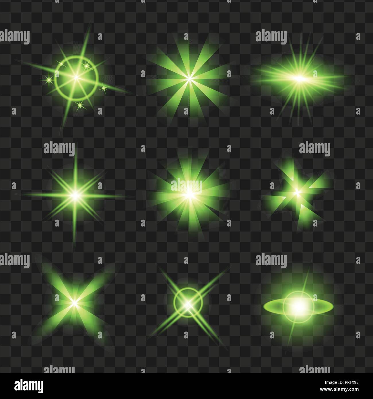 green shine stars with glitters, sparkles icons set. Effect twinkle, glare, scintillation element sign, graphic light. Transparent design elements bac Stock Vector