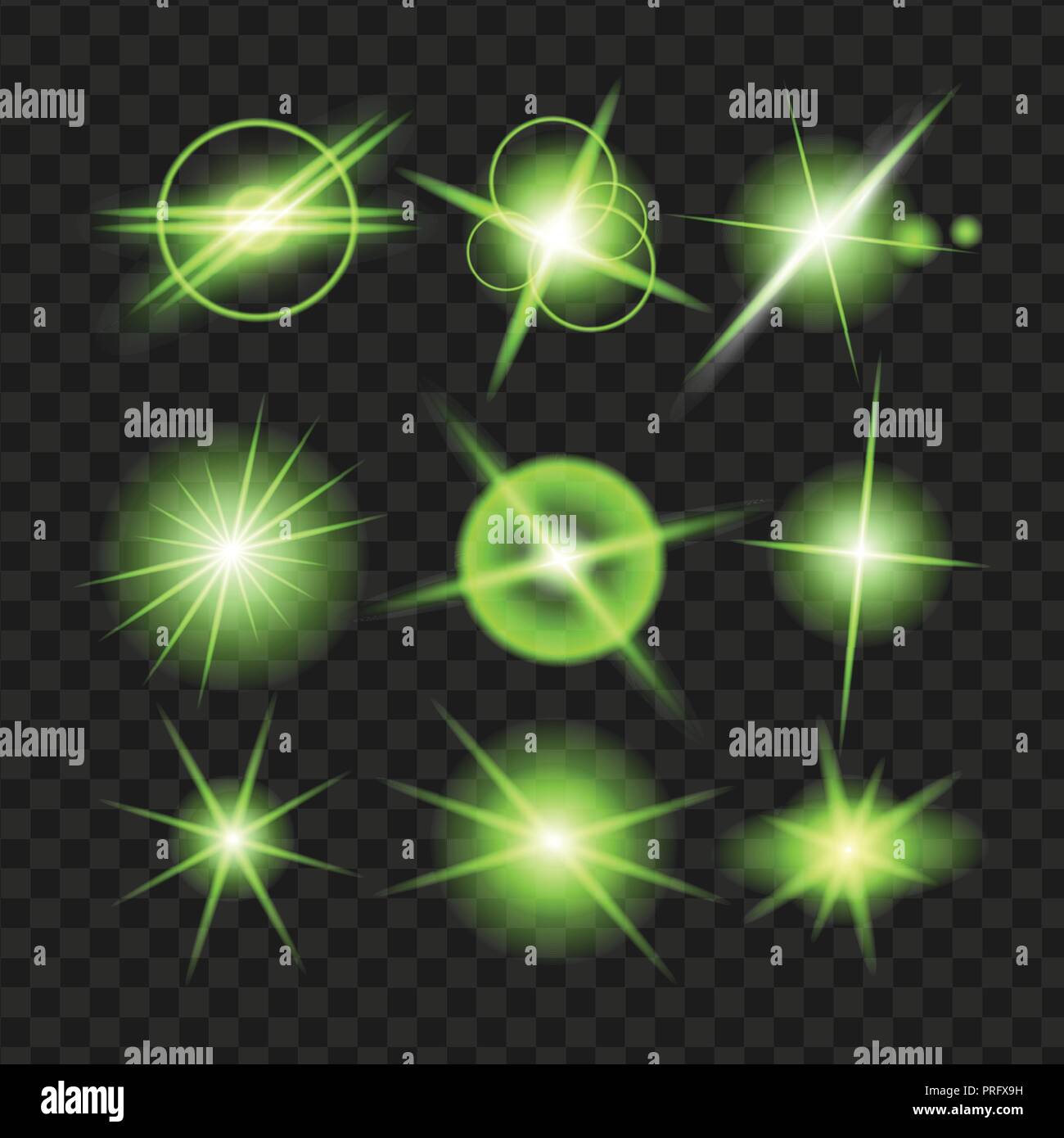 green shine stars with glitters, sparkles icons set. Effect twinkle, glare, scintillation element sign, graphic light. Transparent design elements bac Stock Vector