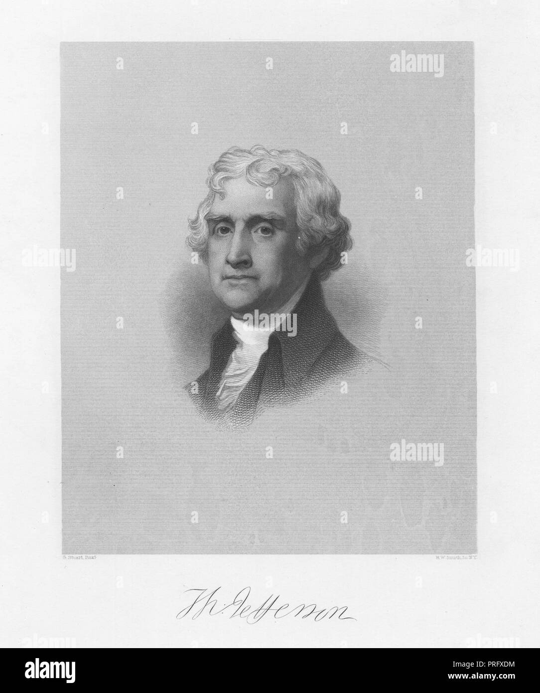 Engraved portrait of Thomas Jefferson, the third President of the United States and member of the Continental Congress, an American Founding Father from Shadwell, Virginia, 1837. From the New York Public Library. () Stock Photo
