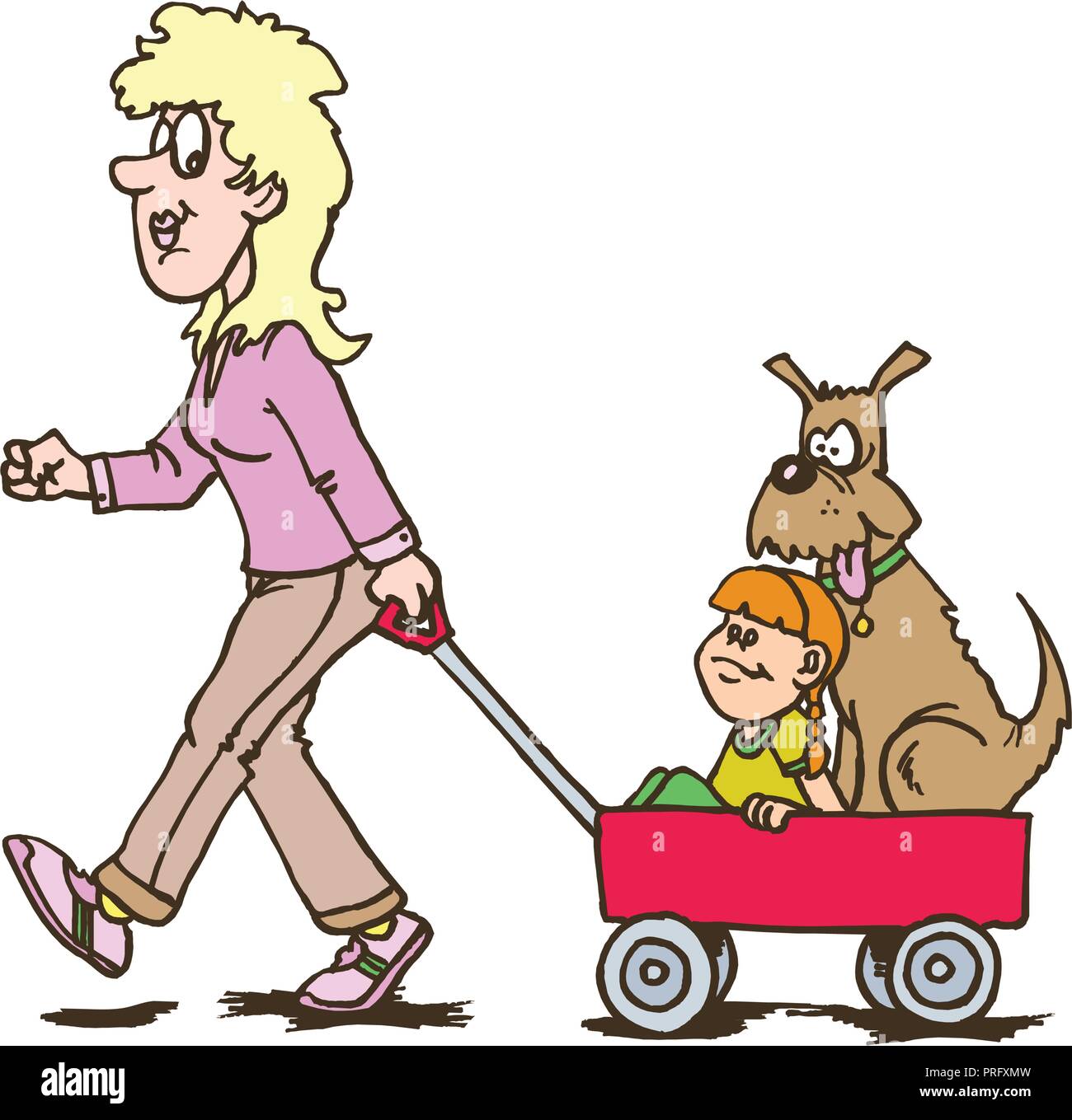 mother with children carriage walking with dog and child. Creative vector illustration. happy mothers day Stock Vector