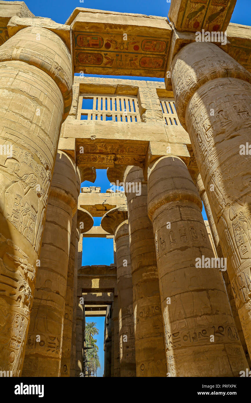 The Hypostyle Hall in the Temple of Amun at the Karnak Temple Complex, also known as The Temple of Karnak, in Thebes, Luxor, Egypt Stock Photo