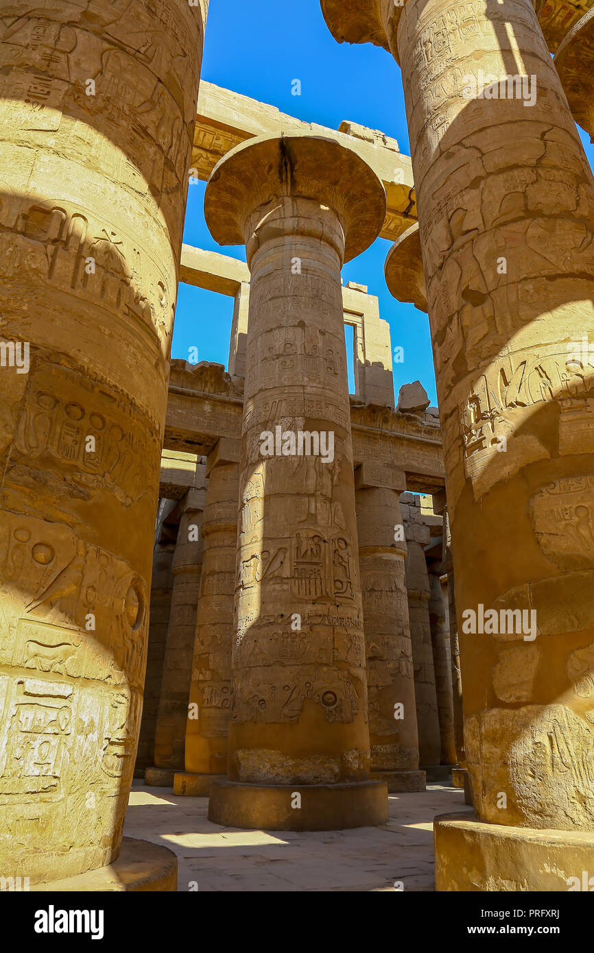 The Hypostyle Hall in the Temple of Amun at the Karnak Temple Complex, also known as The Temple of Karnak, in Thebes, Luxor, Egypt Stock Photo
