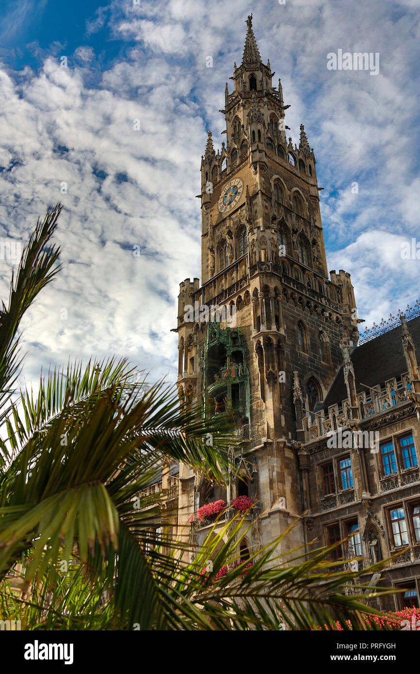 The New Town Hall (Neues Rathaus) featuring the Rathaus-Glockenspiel on the Marienplatz in Munich, Germany.  The municipality moved to this, the New T Stock Photo