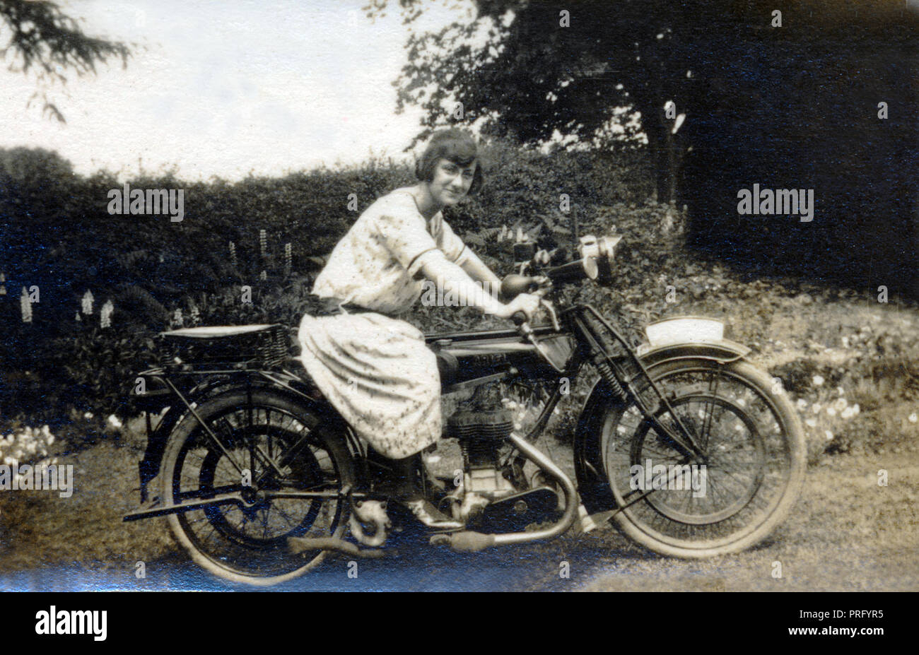 Lady on a 1922 Ariel 500 Single, belt come chain driven, motorcycle in
