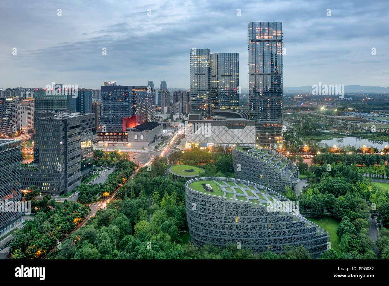 The financial city at night in Chengdu,Sichuan province ,China, which is inspired by the design of Bird Nest Stadium in Beijing. Stock Photo