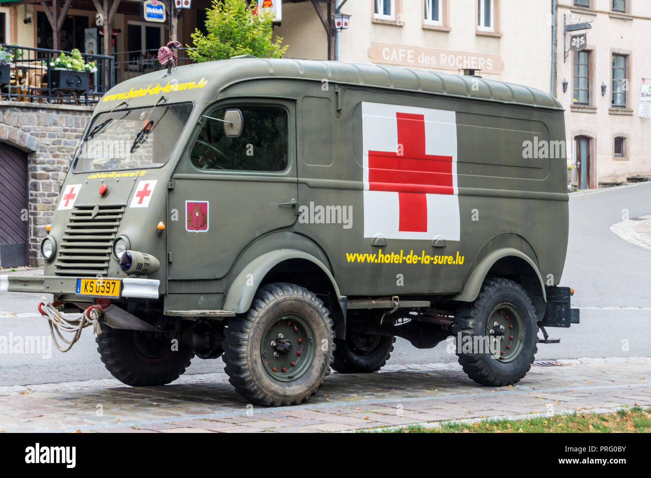 Renault 2087 ambulance used by Hotel de la Sure,  Esch-sur-Sûre, 13th century, Grand Duchy of Luxembourg Stock Photo