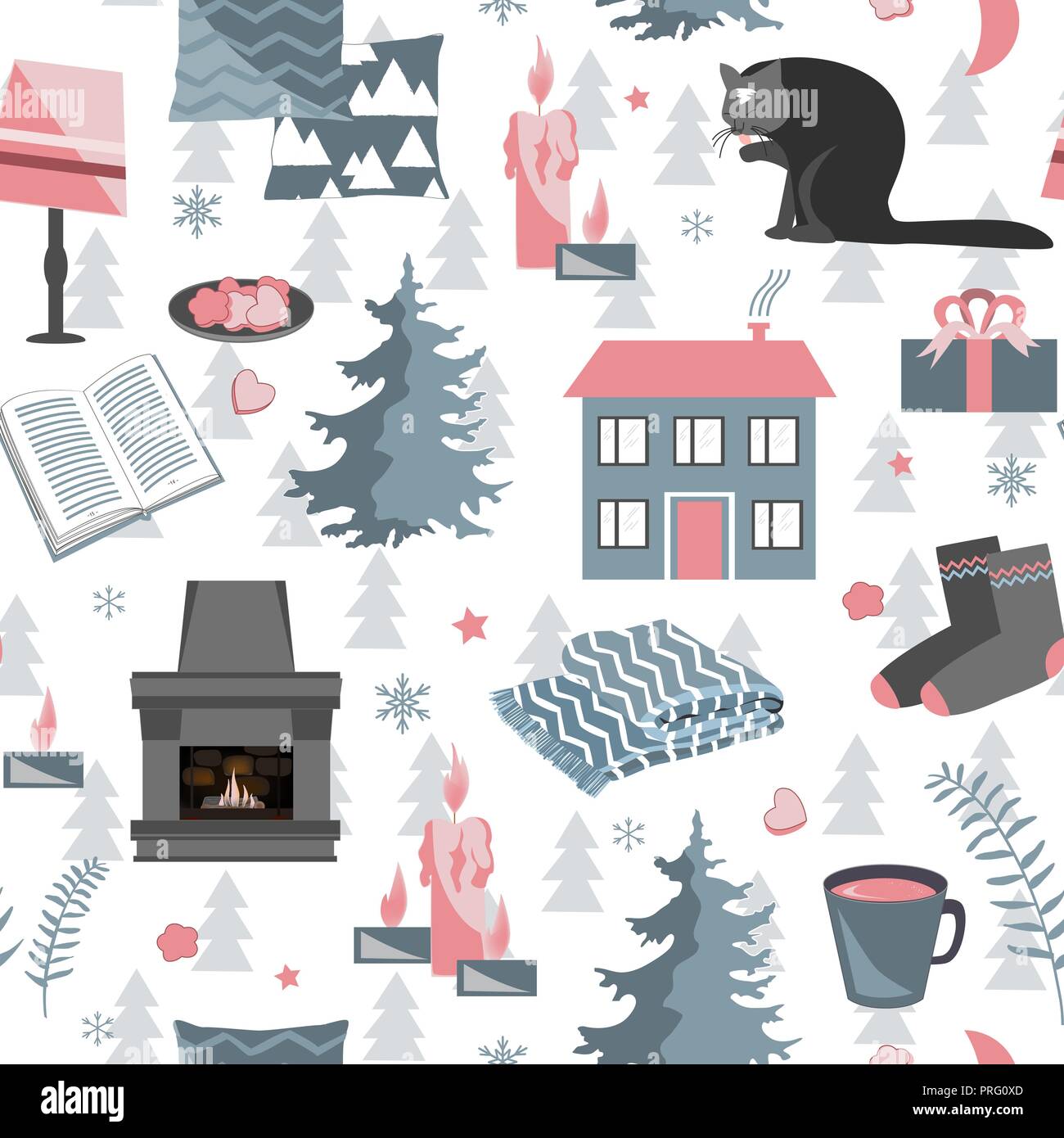 Hygge seamless pattern. Vector illustration with forest plants and cozy home things like candles, socks, wrap, cocoa, fireplace. Harmony with nature a Stock Vector