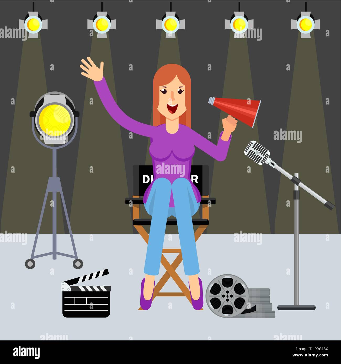 Film director on the set. Videoproduction and filmmaking. Stock Vector