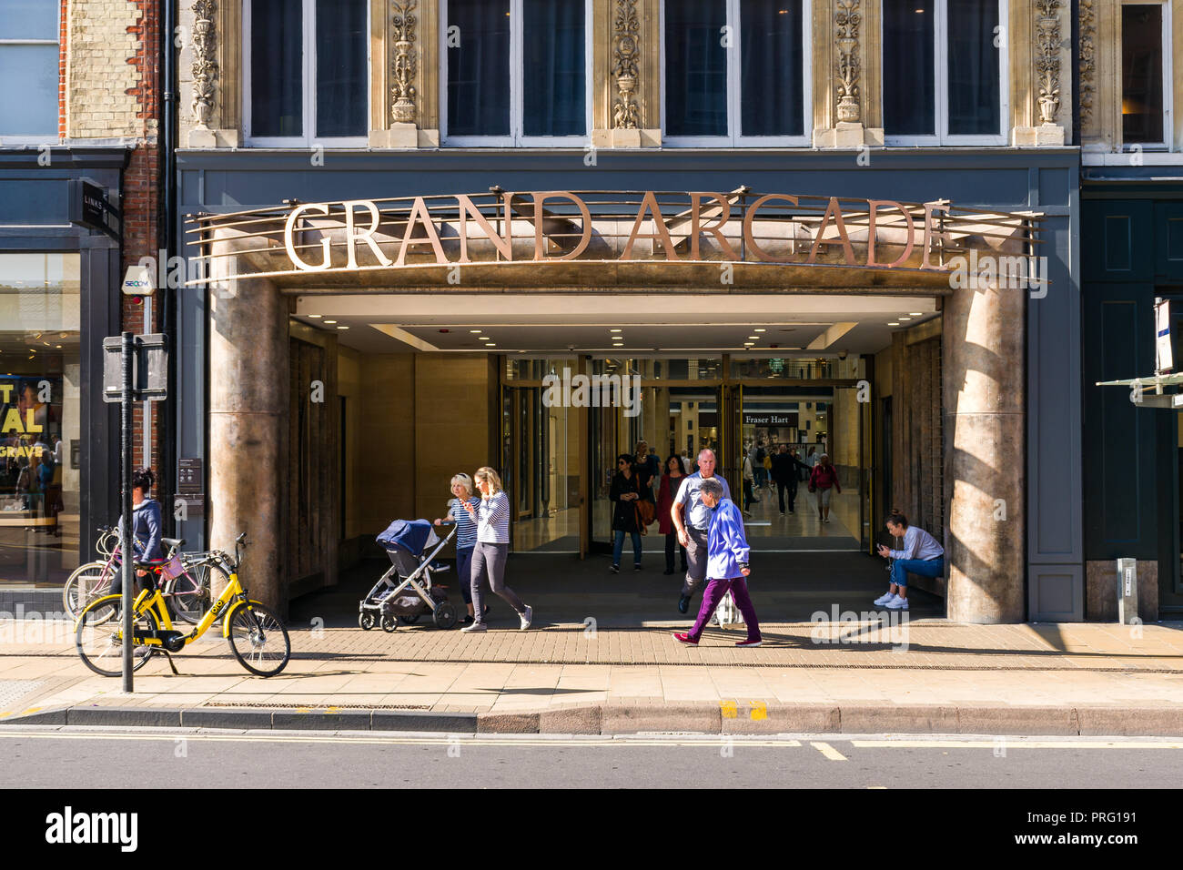 Exterior of Grand Arcade entrance from St Andrews Street with people walking past, Cambridge, UK Stock Photo
