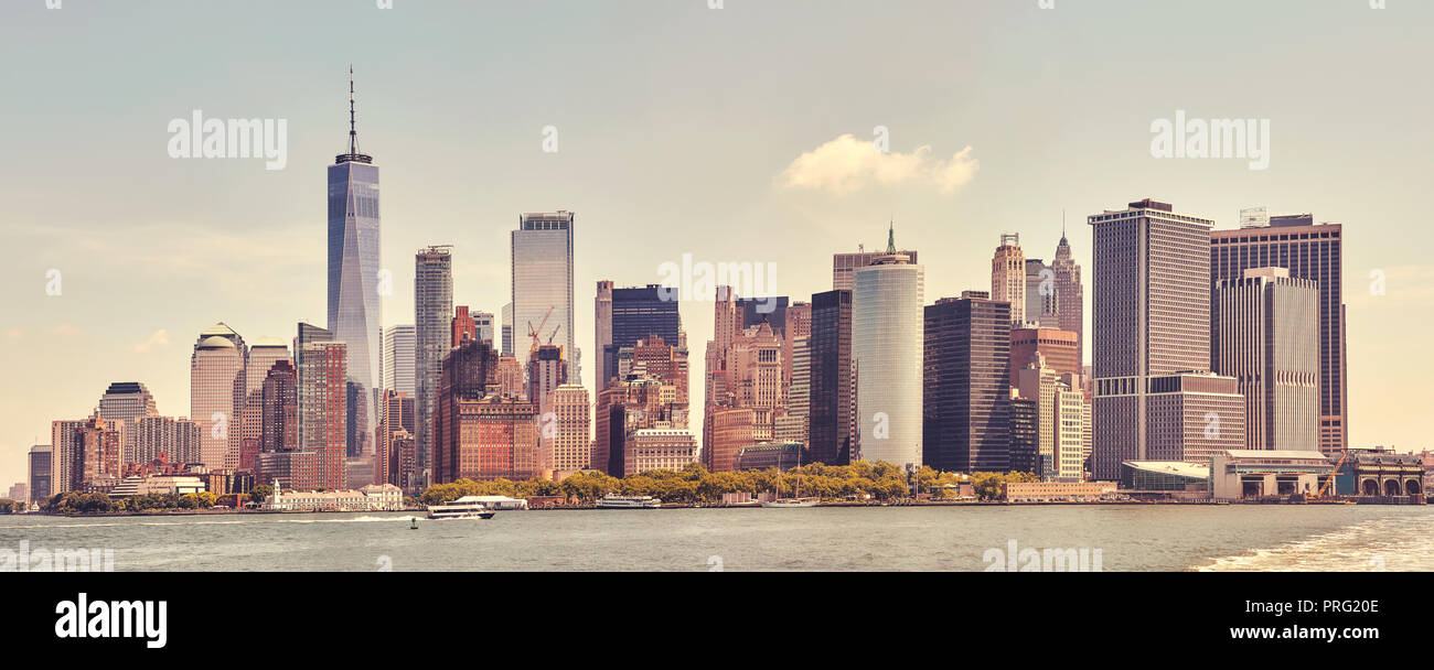 Retro toned New York City panorama, USA. Stock Photo