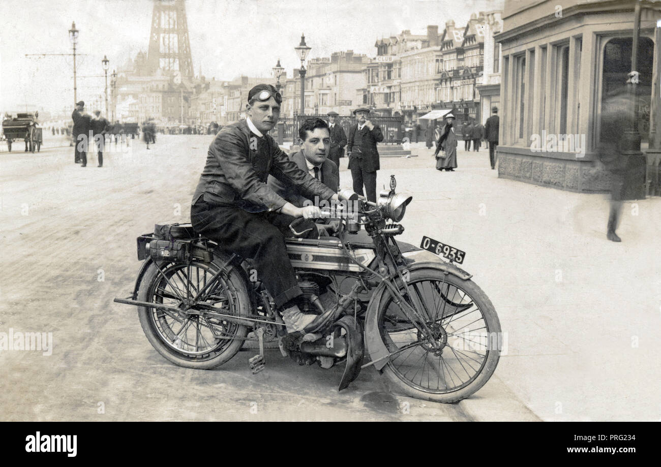 Two gentlemen on a 1914 Triumph 500cc side valve motorcycle & sidecar combination circa 1914 Stock Photo