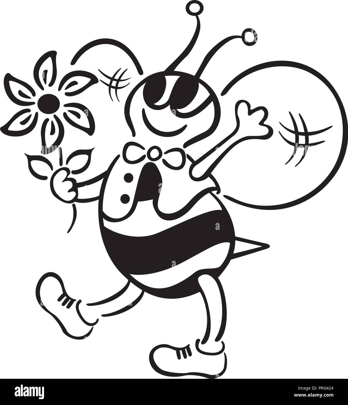 Cute bee cartoon carrying flowers. outline cartoon Stock Vector